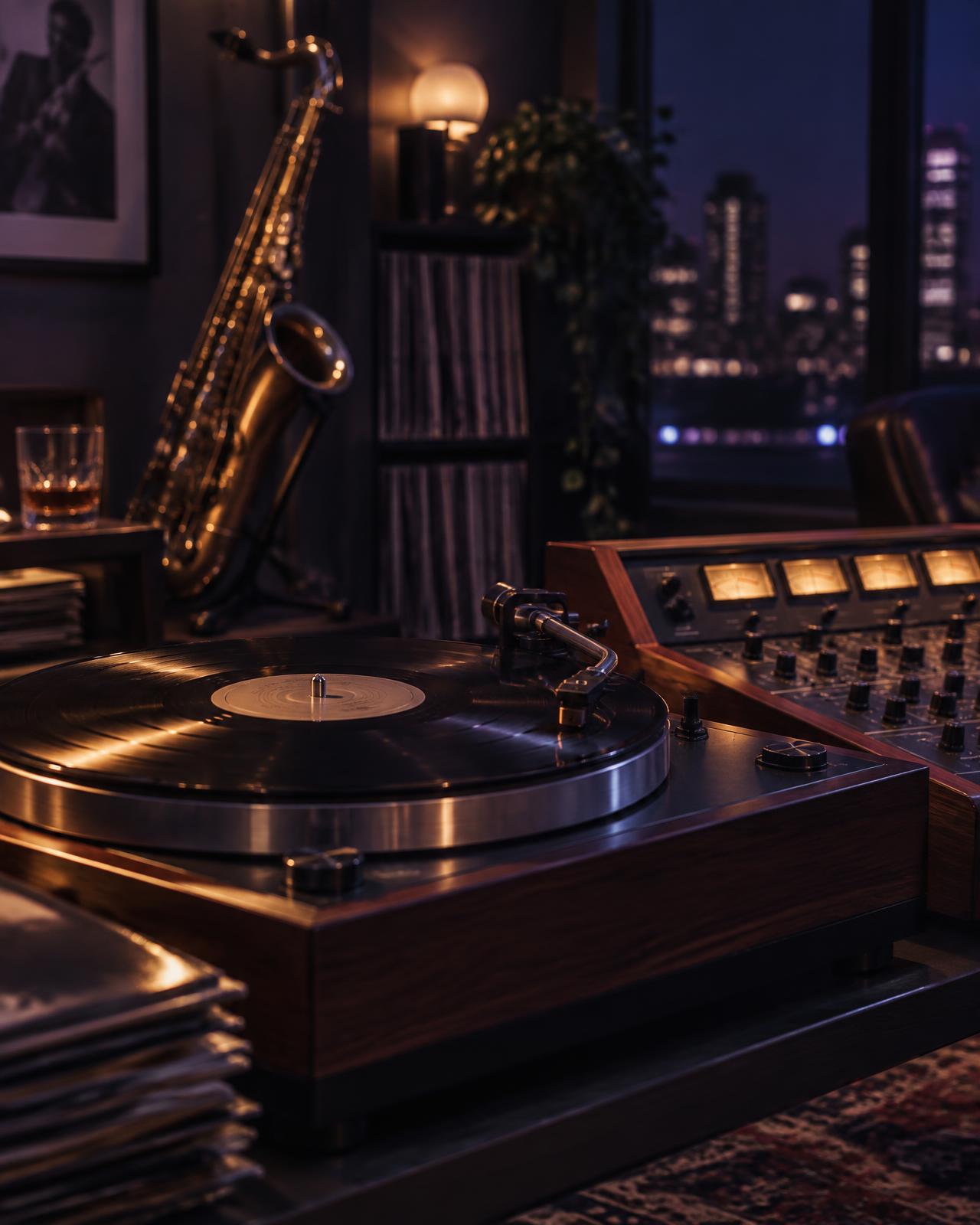 Vinyl record playing beside a vintage mixing console and saxophone
